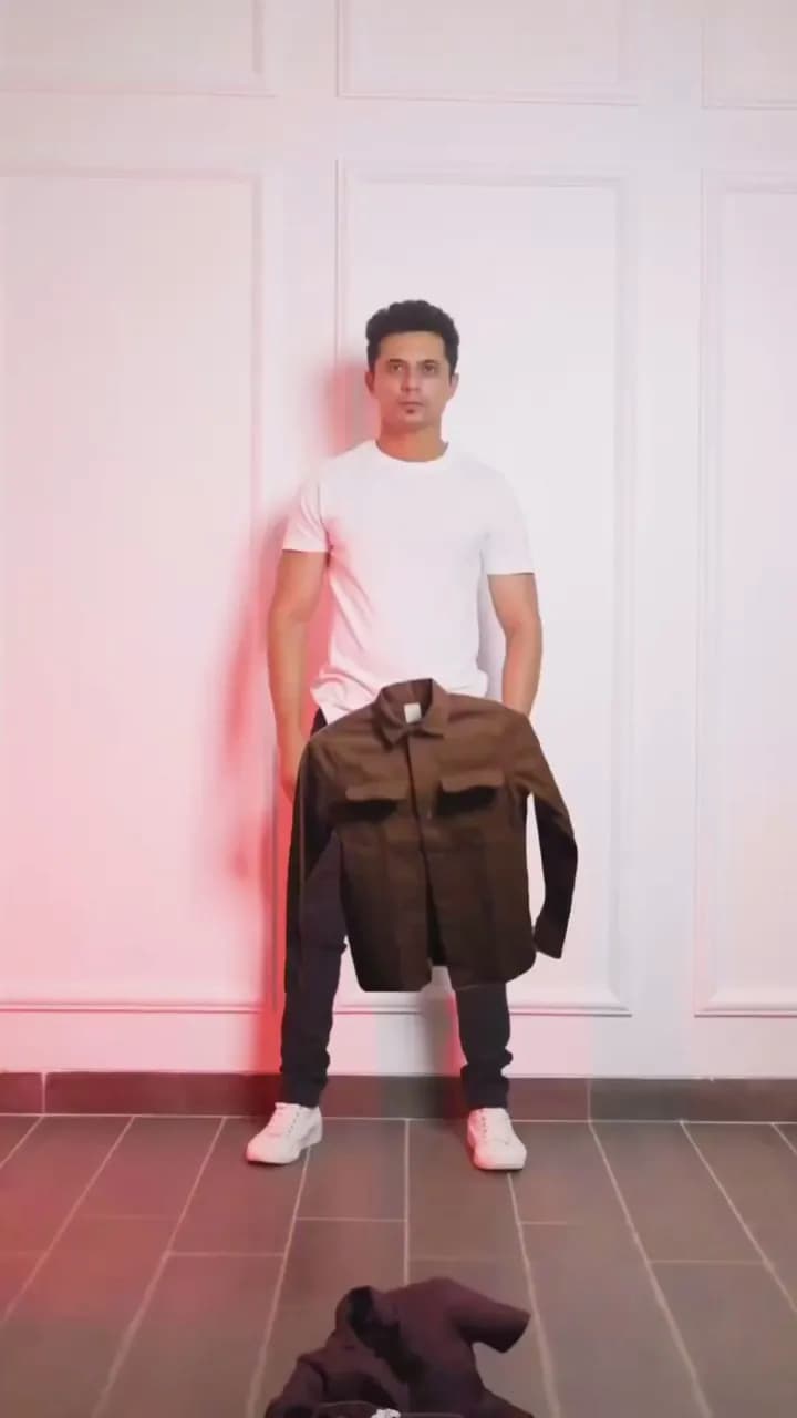 Menswear reel: a brown overshirt styled from a white tee through to a cafe look