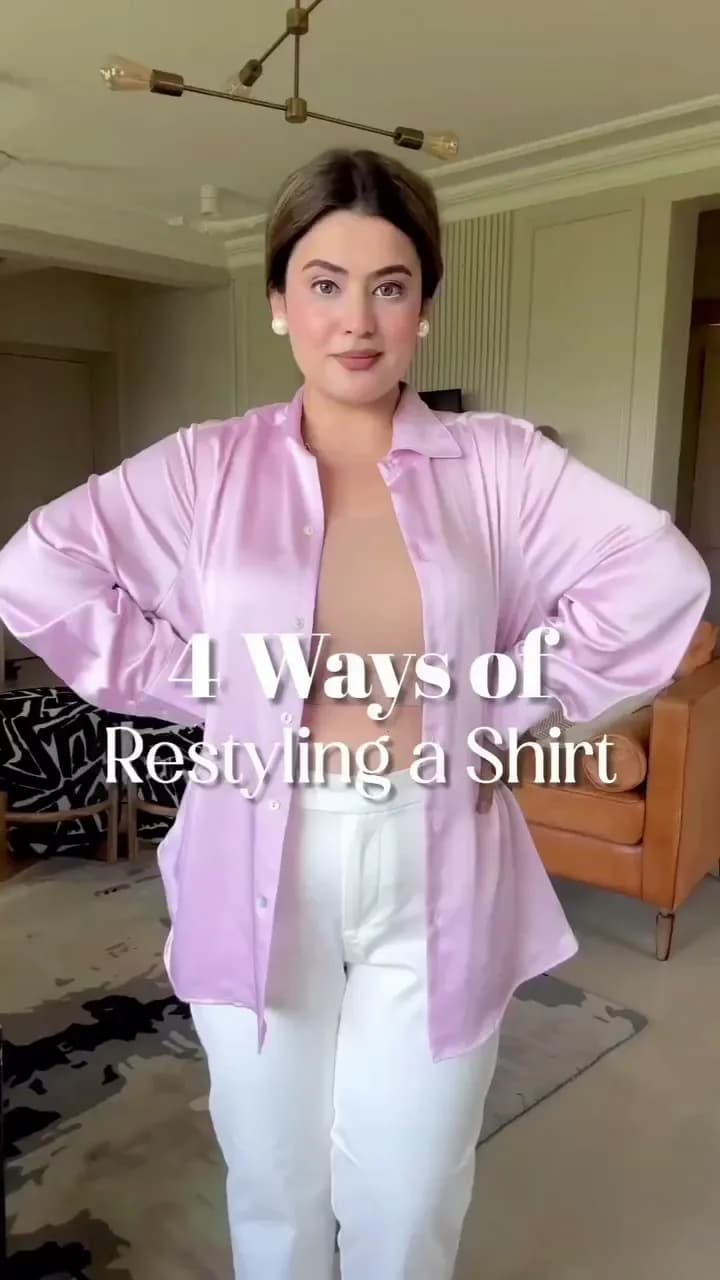 Shirt-restyling reel: one lilac satin shirt worn four ways